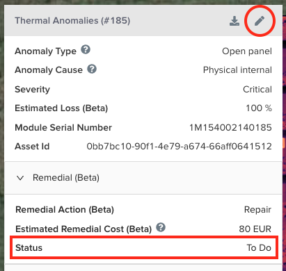 Thermal anomaly details highlighting its To Do status and the edit button to alter it.