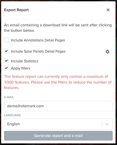 Error explaining you can't export more than 1000 features in a PDF report